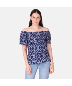 Casual Off Shoulder Printed Blue Women's Top