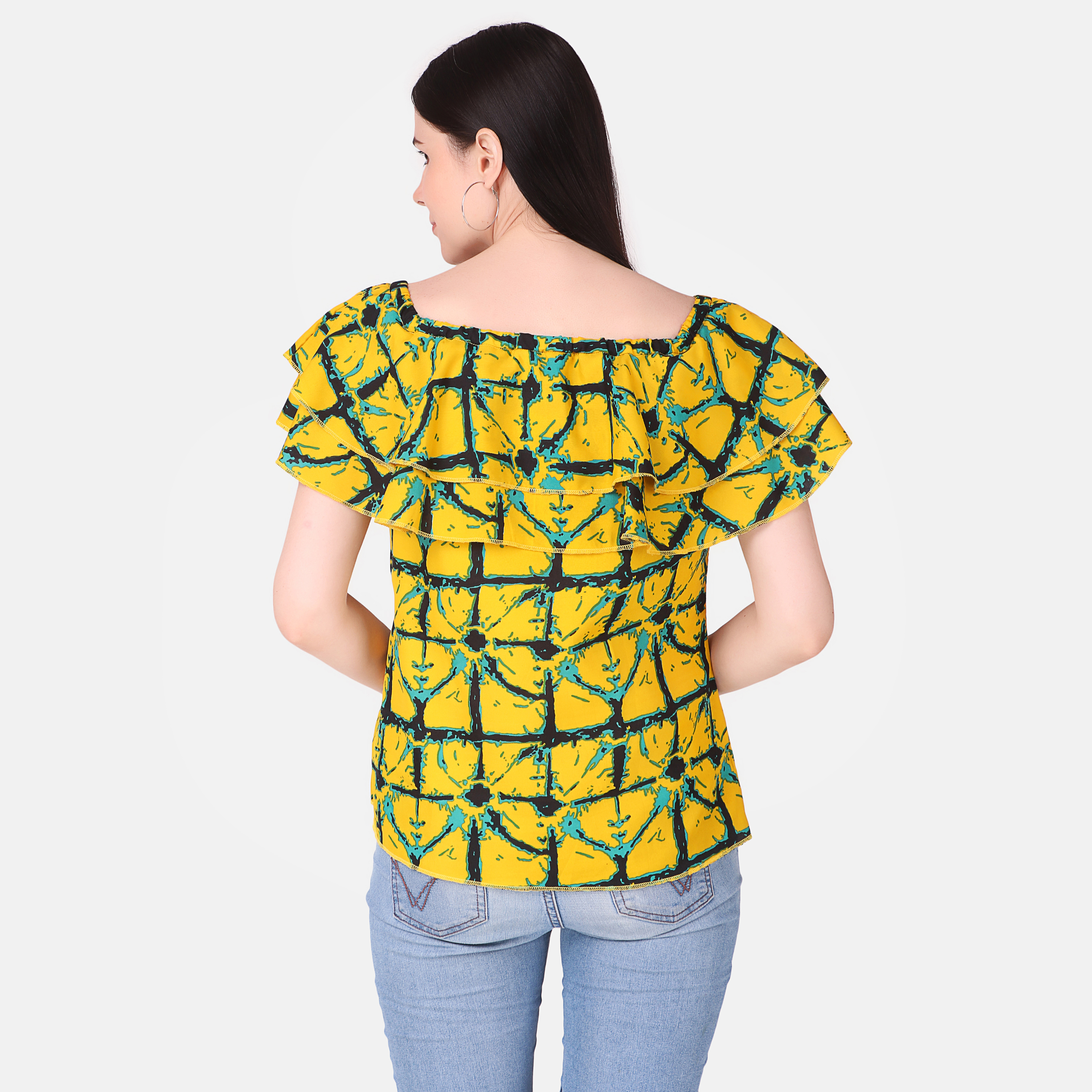 Casual Off Shoulder Printed Yellow Women's Top