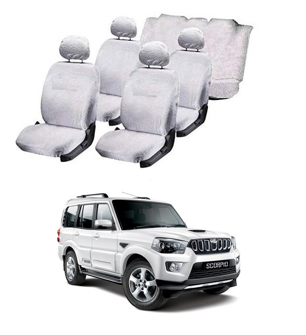 White Cotton Towel Car Seat Cover For Mahindra Scorpio (7-seater) 