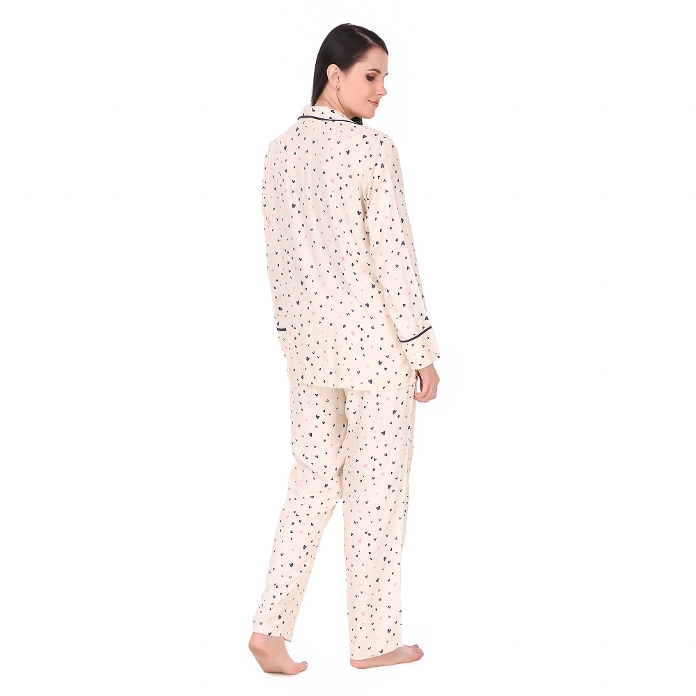 Cotton heart Printed Night Suit Set of Shirt & Pyjama for Women's